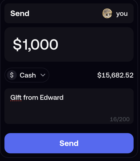 A screenshot of a payment interface on Fomo showing a "Send" transaction of $1,000 in Cash from a user (with $15,682.52 balance) to "Edward" with the note "Gift from Edward." The image relates to the post by illustrating the act of sending someone $1,000, prompting recipients to share what they would purchase with the gift.