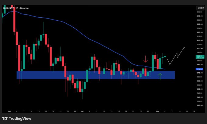 A TradingView daily candlestick chart of BNB/USDT on Binance shows the price breaking out of a highlighted blue consolidation zone (~$565–585), reclaiming the blue 50-day moving average currently near $596, with green and red arrows marking the breakout and successful retest.
