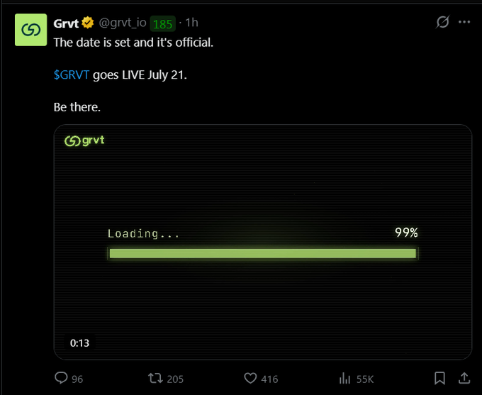 A tweet from Grvt (@grvt_io) announcing '$GRVT goes LIVE July 21. Be there.' with an attached video showing a 99% loading bar on a dark background.