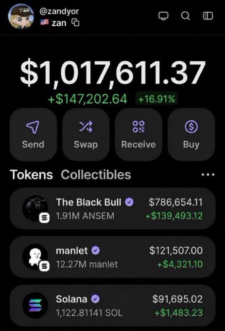 This image shows a cryptocurrency wallet with a total balance of $1,017,611.37, primarily from "The Black Bull" token which is labeled as ANSEM. This aligns with a post promising to "retire everyone" with a "new coin" and asking for $SOL addresses.