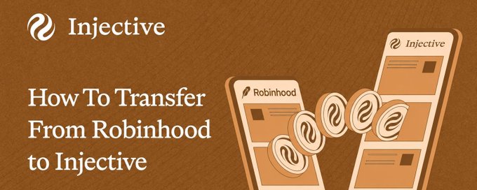 A brown graphic banner with text 'Injective' and 'How To Transfer From Robinhood to Injective', showing two phones labeled 'Robinhood' and 'Injective' with coin logos moving between them.