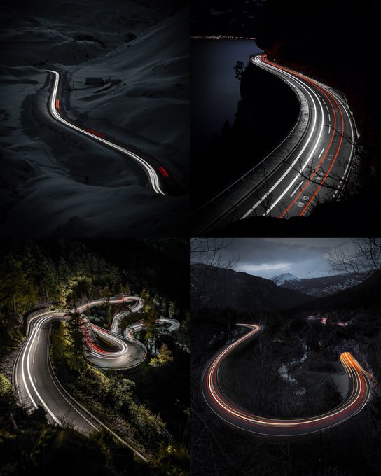 Four long-exposure photographs arranged in a grid show winding roads at night, with sweeping light trails from passing vehicles in white and red cutting through dark, atmospheric landscapes of mountains and forests.

The image visually embodies the "0xFlow series" by capturing continuous streams of vehicle headlights and taillights as flowing ribbons of light through dark terrain, translating the concept of "flow" into photogenic streaks of motion.
