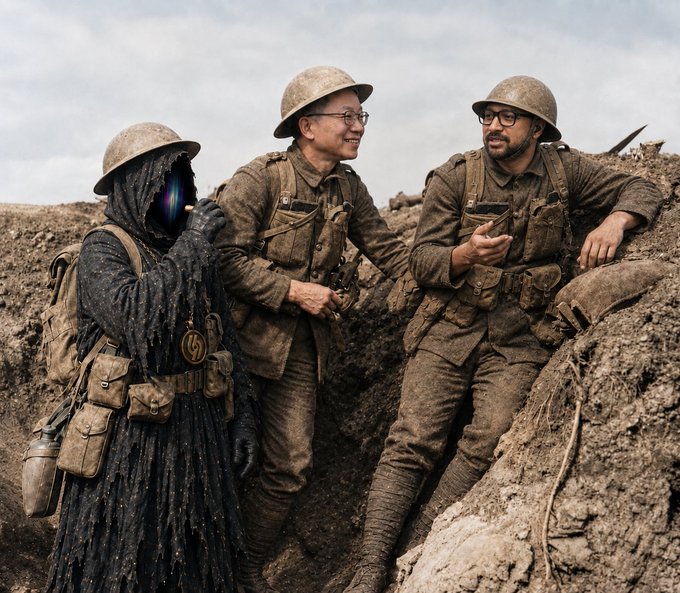 Three figures in mud-covered WWI military uniforms and helmets share a light moment in a trench, with one figure on the left appearing as a dark, surreal creature wearing the soldier's gear.