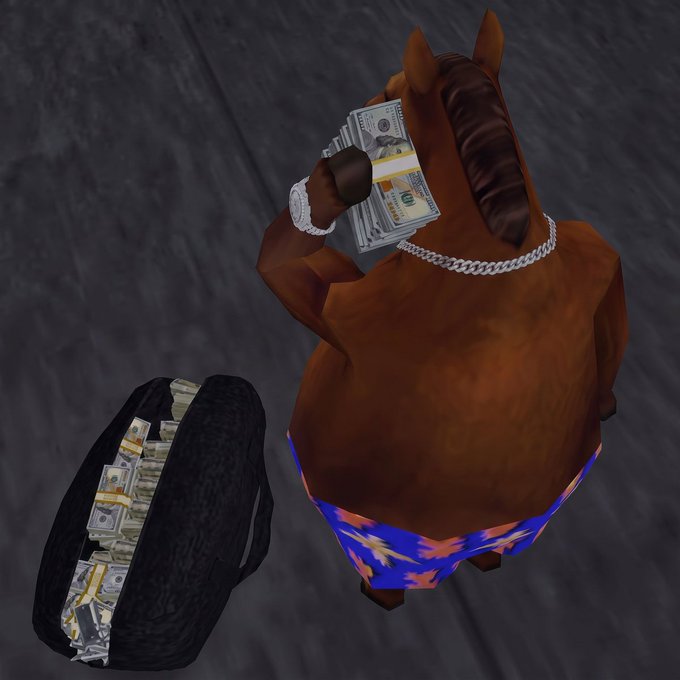 A horse character wearing a silver chain necklace and blue shorts with star patterns stands next to a duffel bag overflowing with stacks of US currency, holding a banded bundle of hundred-dollar bills in its hoof. The image ties to the "season of the honse" caption and the contract address, depicting the NFT's signature opulent horse aesthetic with its iconic cash accessories.