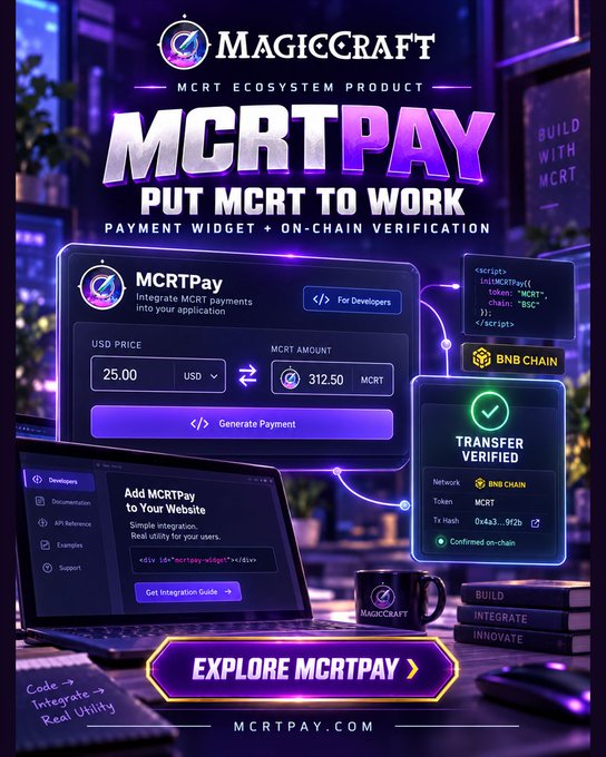 MagicCraft promotional graphic for “MCRTPAY — Put MCRT to Work,” showing a payment widget, BNB Chain on-chain verification, the “Explore MCRTPAY” button, and “MCRTPAY.COM.”