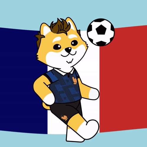ikura, a Shiba Inu dog, stands on hind legs with arms raised, wearing a blue and white striped shirt and black shorts against a red, white, and blue flag backdrop.
3. A soccer ball is suspended above the dog's head.