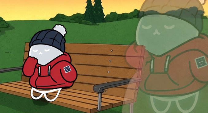 An illustration of a small white character in a red hoodie and beanie sitting on a wooden park bench, with a translucent green ghost-like figure in a brown jacket appearing beside them.