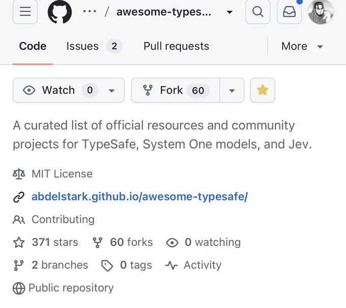 A GitHub repository "awesome-typesafe" showing 371 stars, 60 forks, 2 issues, MIT License, and a description noting it's a curated list of resources for TypeSafe, System One models, and Jev. The image visually supports the post's claim about the repo gaining traction in the Jev community, with the star count now at 371 (slightly higher than the 370 mentioned in the post).