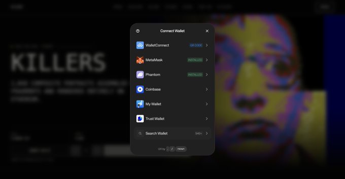 A "Connect Wallet" menu overlay displays options like WalletConnect, MetaMask, Phantom, Coinbase, My Wallet, and Trust Wallet.