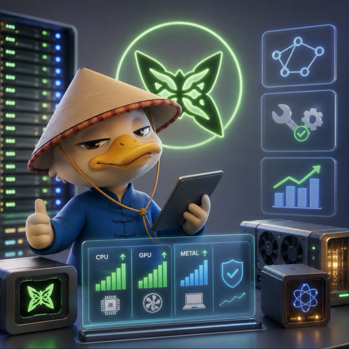 A 3D-rendered duck character wearing a straw hat and blue shirt, holding a tablet, and giving a thumbs-up, surrounded by glowing tech icons showing CPU, GPU, and METAL performance graphs alongside server rack imagery.