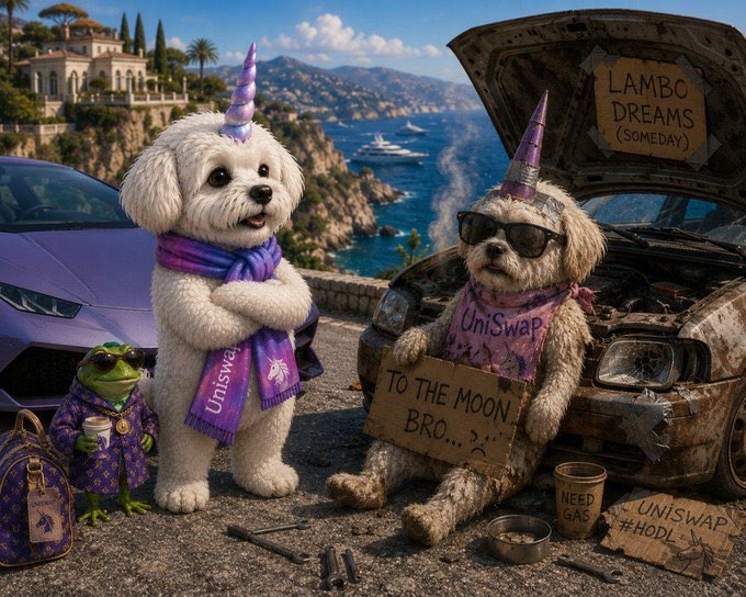 Two fluffy dogs (one pristine, one disheveled) and a frog wearing "Uniswap" scarves pose by a purple Lamborghini and a broken-down car with a "LAMBO DREAMS (SOMEDAY)" sign, alongside signs reading "TO THE MOON BRO...", "NEED GAS," and "UNISWAP #HODL." The image visually captures the "Uniswap Dog" meme narrative referenced in the post about $ABE, symbolizing the contrast between current humble market cap and future aspirational gains.