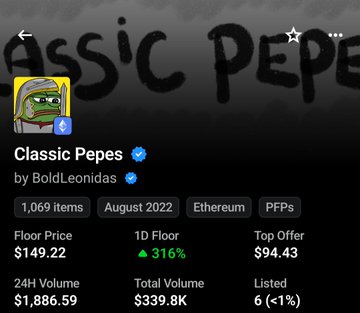 An NFT marketplace listing for 'Classic Pepes' by BoldLeonidas, showing 1,069 items, a floor price of $149.22, a 1D floor increase of 316%, and a top offer of $94.43.
