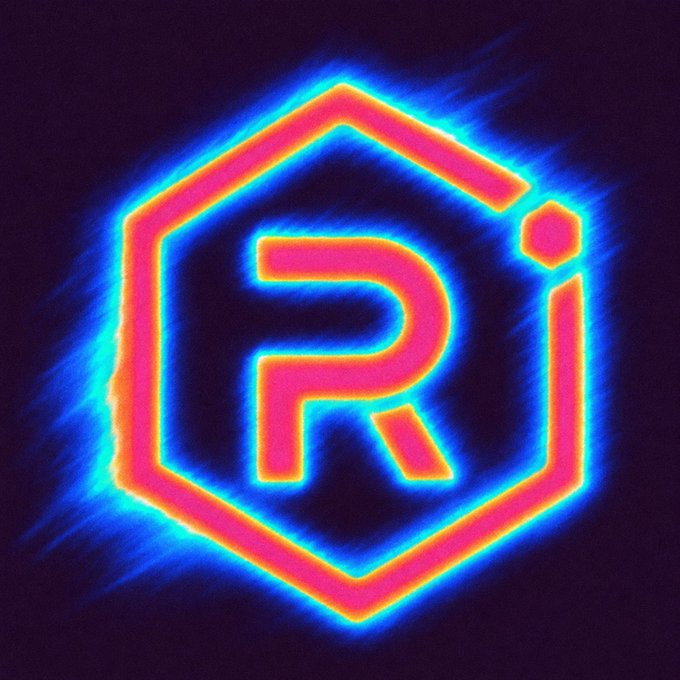 A glowing neon-style logo featuring a stylized letter 'R' inside a hexagonal shape outlined in pink and orange with a blue halo effect, set against a dark background.