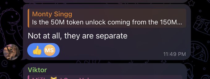 A chat screenshot shows user "Monty Singgg" asking if the 50M token unlock is from the 150M, with the reply "Not at all, they are separate," directly confirming the post's clarification that the 50M SOSO token unlock is separate from the $150M Ecosystem Fund.