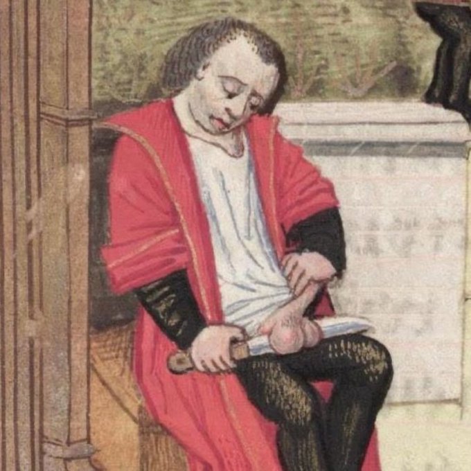 A medieval-style illuminated painting depicting a man in red robes examining his own foot.