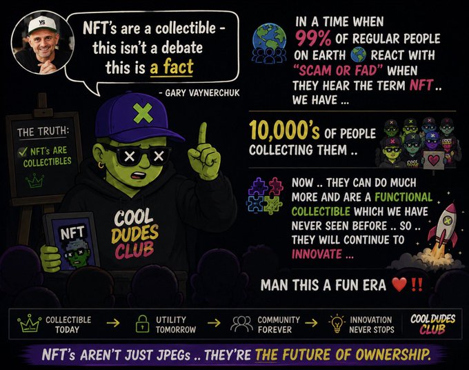 An infographic from 'COOL DUDES CLUB' featuring a quote from Gary Vaynerchuk about NFTs being collectibles, arguing that they are the 'FUTURE OF OWNERSHIP'.