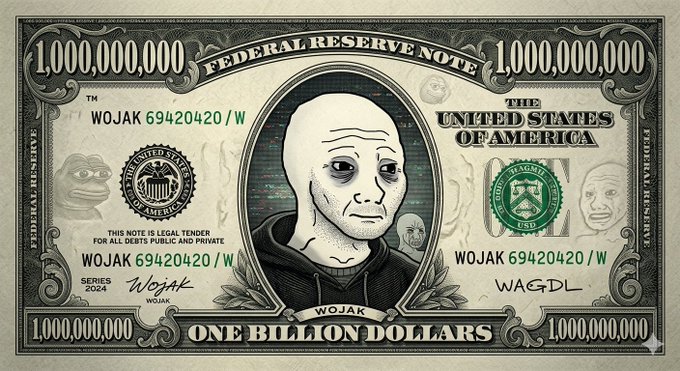 A meme-style fake one billion dollar bill featuring the 'Wojak' character as the central portrait, with 'WOJAK 69420420/W' as the serial number and 'WAGDL' signature.