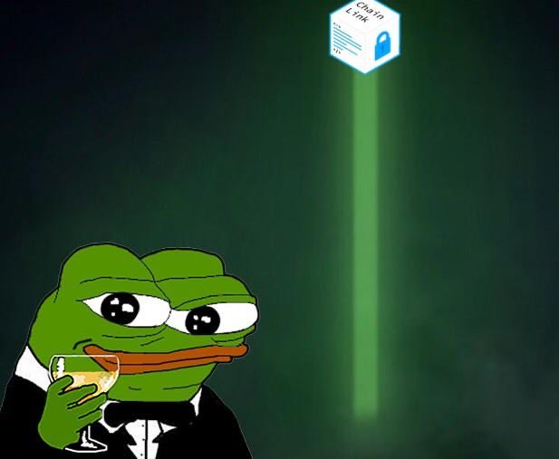 Pepe the Frog, dressed in a tuxedo and holding champagne, looks up at a glowing "Chain Link" cube emitting a green beam, visually illustrating the post's claim that Chainlink ($LINK) will never return to single-digit prices.