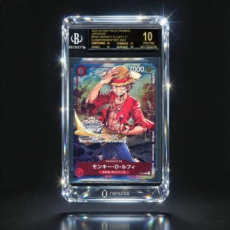 A graded Beckett 10 One Piece trading card featuring Monkey D. Luffy, encased in a renaiss protective slab.