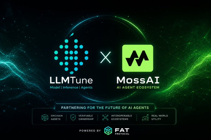 A promotional graphic showing a partnership between LLMTune and MossAI for AI agents, with text reading 'PARTNERING FOR THE FUTURE OF AI AGENTS', 'Onchain Assets', 'Verifiable Ownership', 'Interoperable Ecosystems', 'Real-world Utility', and 'POWERED BY FAT PROTOCOL'.