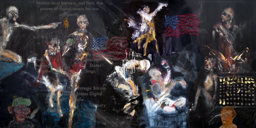 A chaotic, dark expressionist painting featuring distorted figures, American flags, and overlaid text including 'Nation must harness, not limit, the power of digital assets for our prosperity' and 'Strategic Bitcoin United States Digital.'