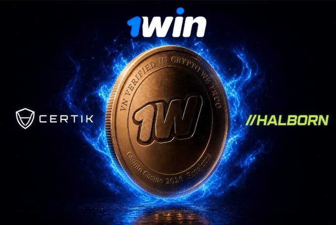 The image features the "1win" token branding centered on a bronze coin displaying "1W" and "Casino 2016," encircled by blue flames, with the CertiK and Halborn audit logos on either side. This visually reinforces the post's message that the 1win token's smart contracts are currently being audited by both CertiK and Halborn ahead of its launch.