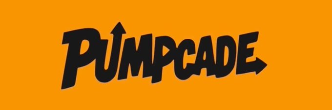 The word 'PUMPCADE' written in stylized, dark bold lettering on a bright orange background.