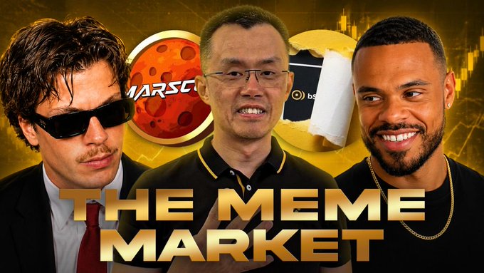 The image is a thumbnail titled "THE MEME MARKET" featuring three men (including CZ from Binance in the center) alongside Marscoin and BNB crypto logos, promoting a $200 BNB giveaway contest.