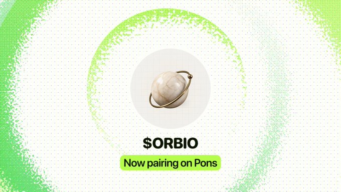 A green and white promotional graphic features a stylized planet icon encircled by a ring, with "$ORBIO" text and a "Now pairing on Pons" button below it, announcing the token's new availability on the Pons platform for holders to earn fee credits on supported LLMs.