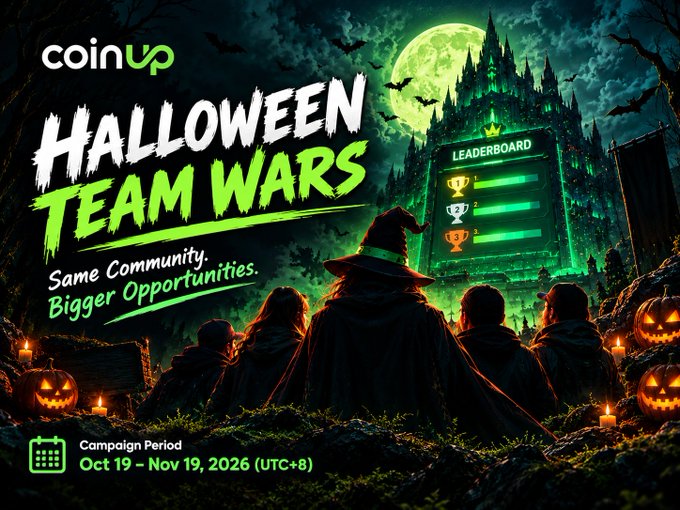 A dark Halloween promotional graphic for “coinup” advertises “HALLOWEEN TEAM WARS,” with the slogans “Same Community. Bigger Opportunities.” and “Campaign Period Oct 19 - Nov 19, 2026 (UTC+8),” plus a leaderboard and haunted castle imagery.