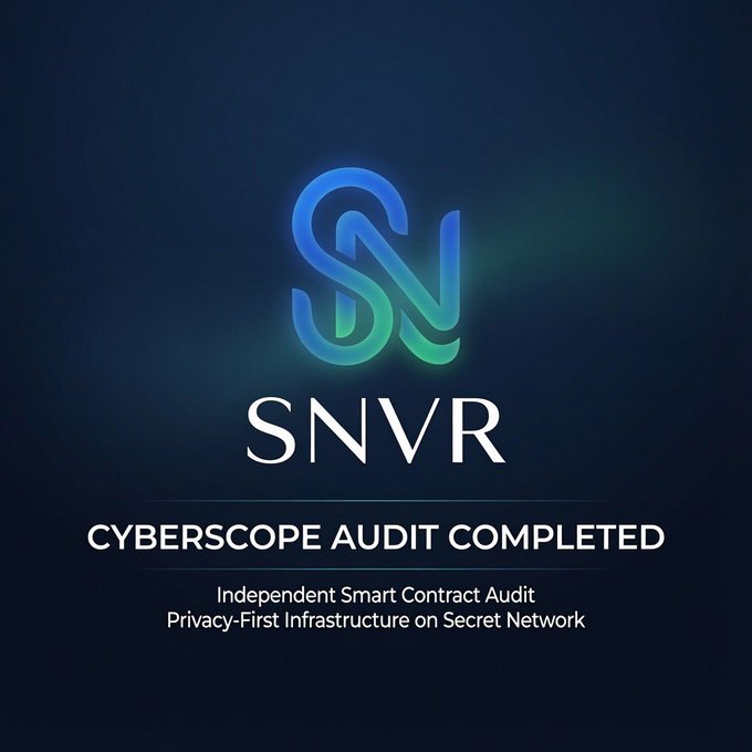 The image displays the SNVR logo alongside the announcement "CYBERSCOPE AUDIT COMPLETED," highlighting the project's successful independent smart contract audit. The graphic reinforces the accompanying post's message about SNVR's commitment to security and transparency as a privacy-first infrastructure on the Secret Network.