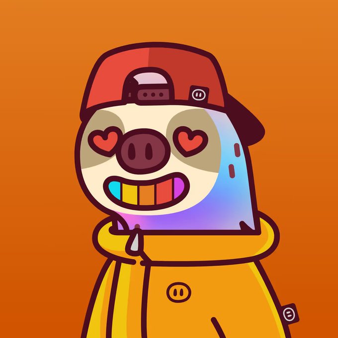 A cartoon illustration depicts a cute character with a pig face, heart-shaped eyes, a rainbow-colored smile, a red backwards cap, and a yellow hoodie against an orange background.