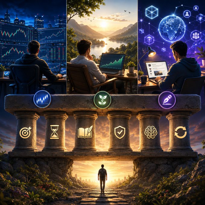 A digital artwork showing a silhouetted figure walking toward a glowing horizon beneath ancient stone pillars, with three panels above depicting traders analyzing charts, landscapes, and networks.