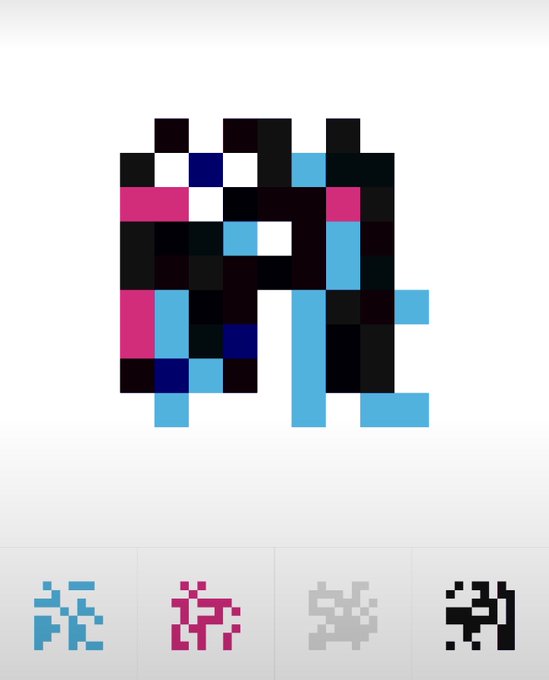 A pixel art image showing a black and white creature with pink and blue accents, displayed above four smaller pixel art color variations in blue, pink, gray, and black.