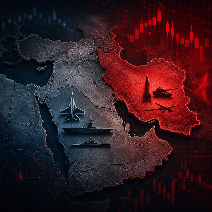 A stylized map of the Middle East split into two color zones, with a fighter jet and naval ships on the dark blue side, and a missile, tank, and drone on the red side, overlaid with red candlestick chart graphics.