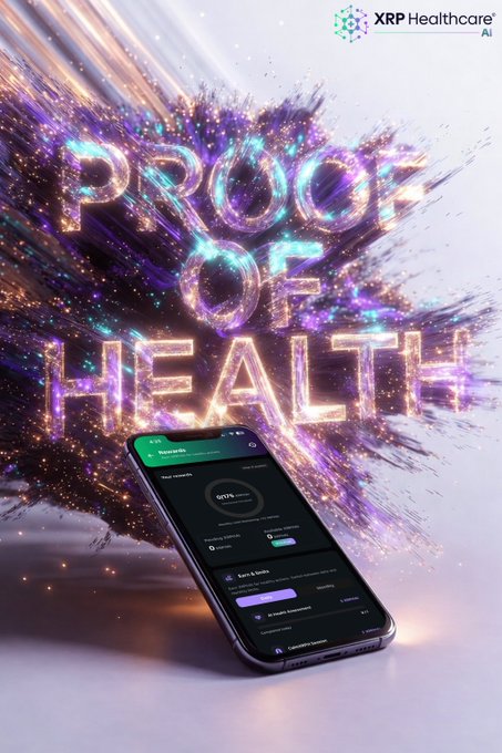 The image features a cell phone with an app that displays "Proof of Health" written on it, surrounded by colorful sparks or lights. The background of the image is white, which contrasts with the vibrant colors of the sparks. The text "For decades, healthcare has rewarded treatment. What if it also rewarded prevention? What if healthier actions created value?" is displayed above and below the phone. This suggests that the app could be promoting preventive measures for better health or rewarding healthy behaviors through a digital platform.