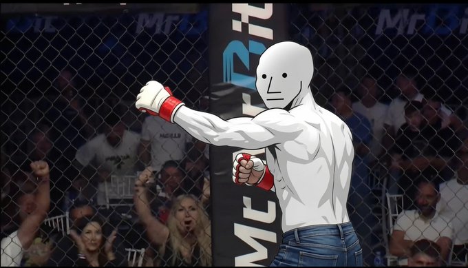 A muscular figure wearing a white featureless mask and red-and-white MMA gloves stands in a fighting cage with a cheering crowd in the background.