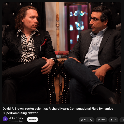 Two men are seated in a discussion setting, with the YouTube video titled "David P. Brown, rocket scientist; Richard Heart: Computational Fluid Dynamics SuperComputing Networ" by John S Price (116 subscribers) visible below. The caption "RUMOR ALERT" suggests speculation about David P. Brown potentially stepping in to help Richard Heart raise the floor price of $HEX and PulseChain assets.