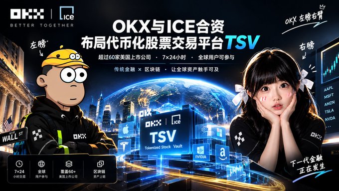 A promotional advertisement for OKX and ICE's joint venture featuring a "Tokenized Stock Vault" (TSV) platform, displaying logos of partner companies (Apple, Amazon, Tesla, NVIDIA) alongside cartoon character "左膀" and a young woman labeled "右臂," with Chinese text announcing 24/7 global trading of over 60 U.S.-listed stocks via blockchain technology. The image visually reinforces the accompanying news post about the SEC filing for the tokenized stock trading platform bridging traditional finance with crypto accessibility.