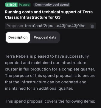 A screenshot of a passed governance proposal #11601 on a community pool for 'Running costs and technical support of Terra Classic Infrastructure for Q3' by Terra Rebels.