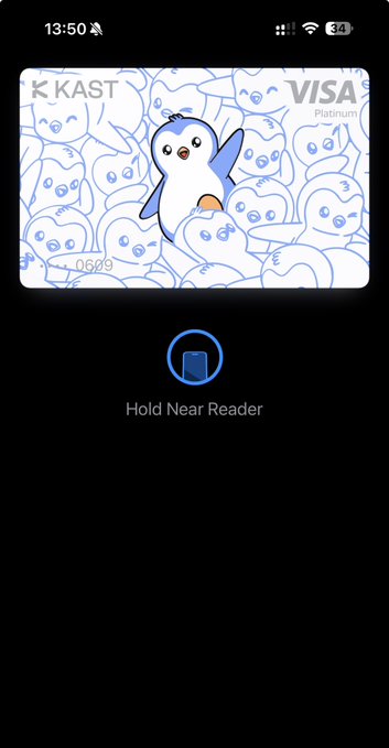 A mobile phone screen showing a digital Visa Platinum card with a PiPi (penguin) illustration on the front, with an Apple Pay 'Hold Near Reader' prompt below.