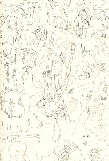 A pencil sketch on paper showing numerous abstract, faintly drawn figures resembling animals and human forms scattered across the page in a loose, gestural style.
