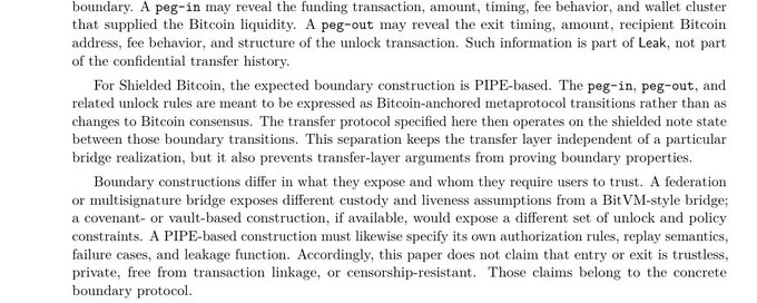 A page from an academic paper discussing Bitcoin boundary constructions, mentioning terms like 'peg-in,' 'peg-out,' 'PIPE-based,' and 'Shielded Bitcoin,' with text highlighted in bold throughout the technical paragraph.