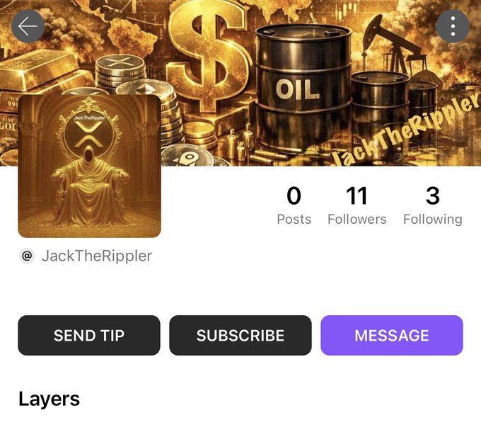 The image shows a profile page for "@JackTheRippler" with a gold-toned banner featuring a dollar sign, oil barrels labeled "OIL," gold bars, and coins, displaying stats of 0 posts, 11 followers, and 3 following. The profile showcases options like "Send Tip," "Subscribe," and "Message," aligning with the post's emphasis on SocialFi features such as tips, subscriptions, and wallet integration for XRP and XLM.