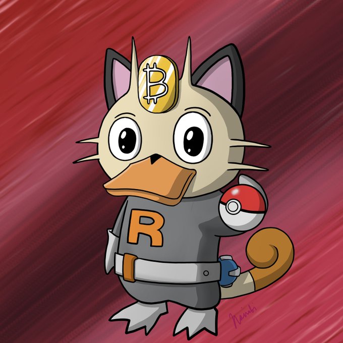A cartoon illustration of a cat dressed as Team Rocket's Meowth from Pokémon, wearing a gray uniform with an orange 'R', a Bitcoin coin on its forehead, and holding a Pokéball, against a red streaked background.