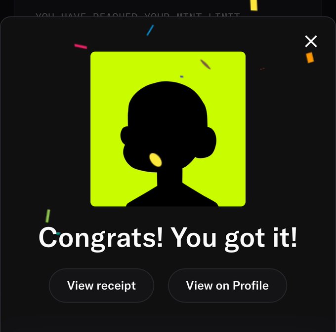 Digital interface showing a green silhouette avatar with the text 'Congrats! You got it!' along with buttons to 'View receipt' and 'View on Profile'.
