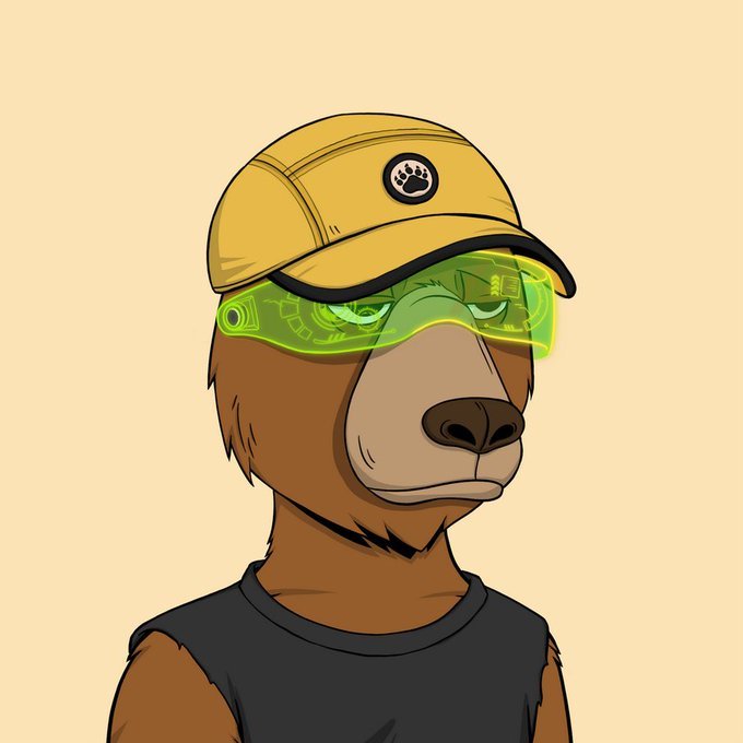 A cartoon illustration of a brown bear wearing a yellow cap with a paw logo and a green glowing visor with HUD graphics, looking unimpressed.