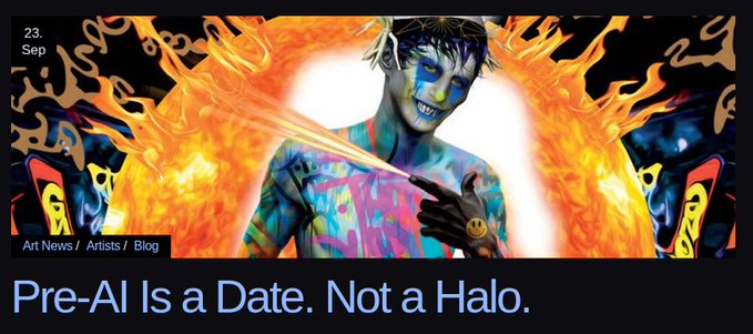 A website header banner dated 23 Sep featuring vibrant digital artwork of a person with colorful body paint surrounded by orange flames, with the headline 'Pre-AI Is a Date. Not a Halo.' under 'Art News / Artists / Blog.'