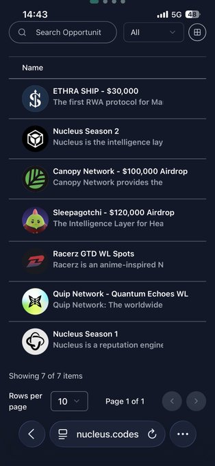 A mobile app screen showing a list of crypto airdrop and whitelist opportunities including ETHRA SHIP, Nucleus Season 2, Canopy Network $100,000 Airdrop, Sleepagotchi $120,000 Airdrop, Racertz GTD WL Spots, Quip Network, and Nucleus Season 1.