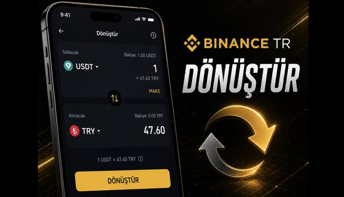 The image shows a smartphone displaying the Binance TR app's conversion interface, where 1 USDT converts to 47.60 TRY, alongside a large golden circular arrow icon and the "DÖNÜŞTÜR" (Convert) text, illustrating the simple, order-free crypto-to-TRY conversion process highlighted in the post.